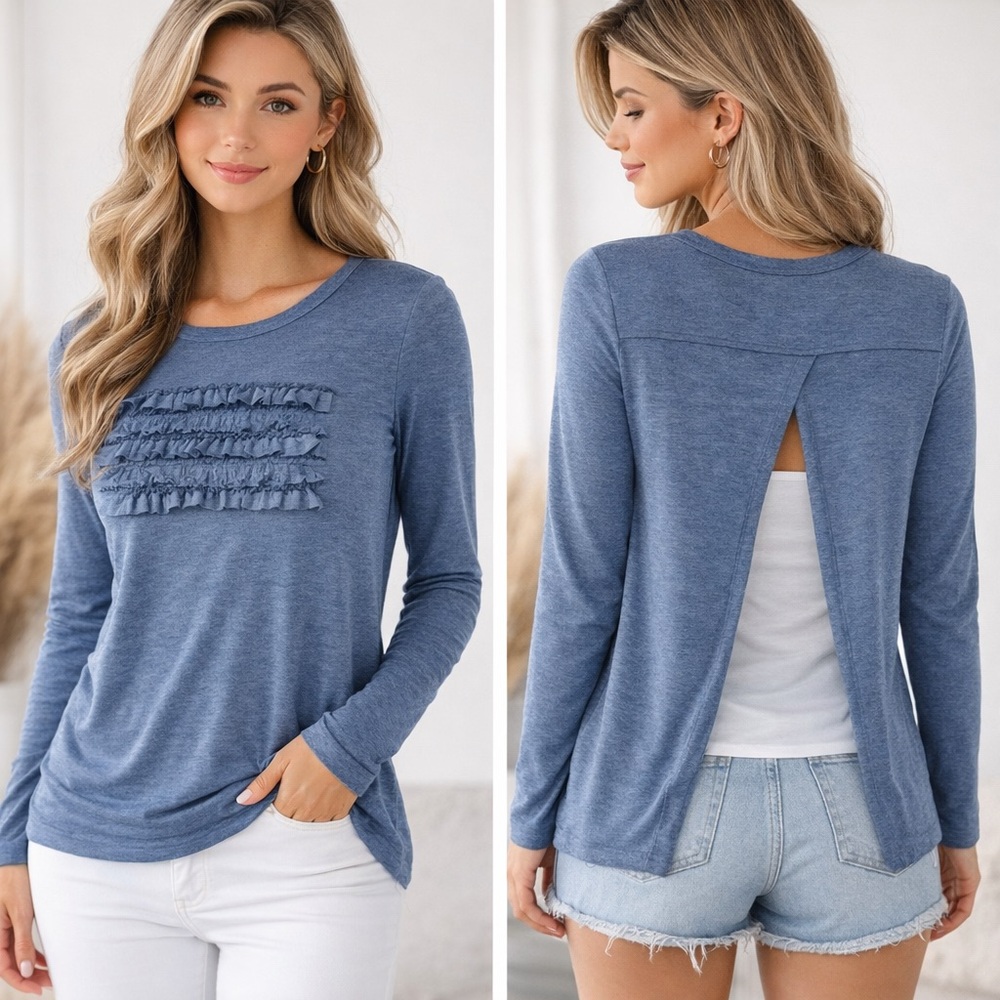 Doe & Rae Blue Ruffle Long Sleeve Top with Open Back 04-0121